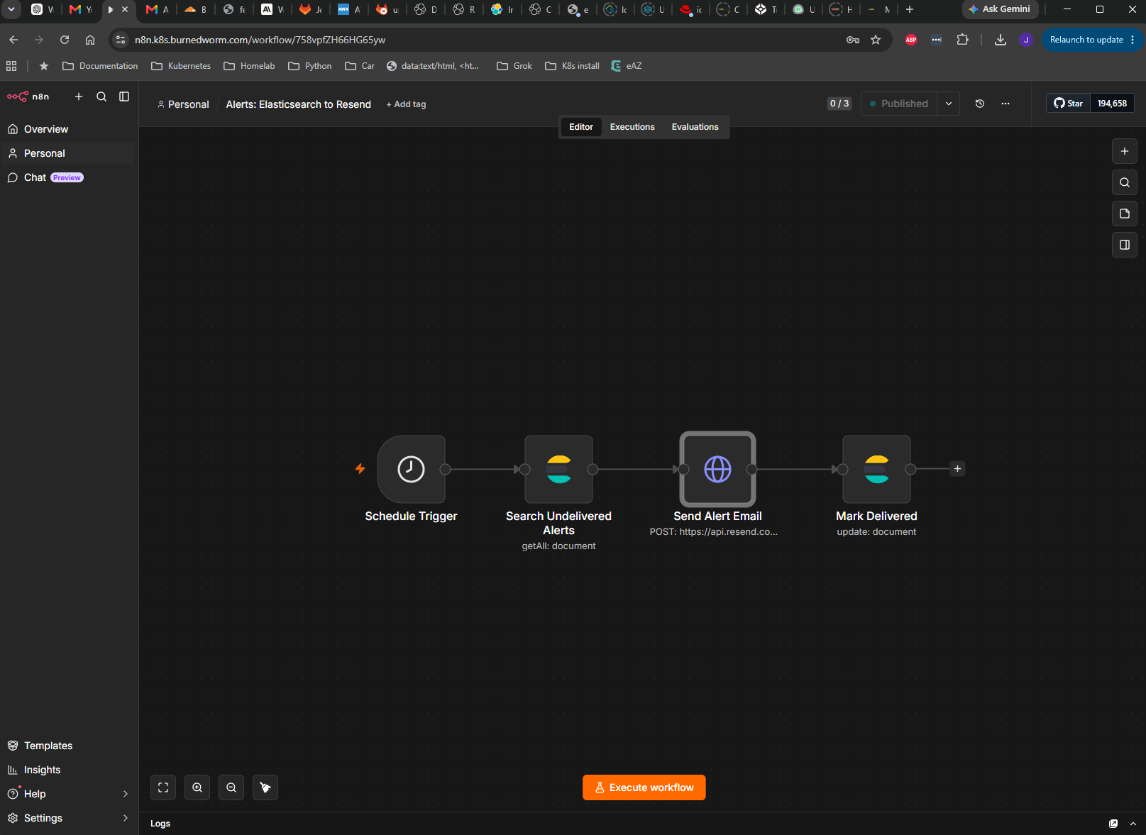 n8n workflow canvas showing four connected nodes: Schedule Trigger, Search Undelivered Alerts, Send Alert Email, and Mark Delivered
